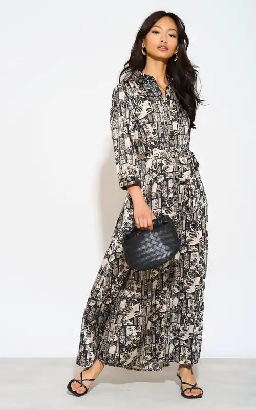Mono Mixed Scarf Print Satin Maxi Shirt Dress - Love Sunshine