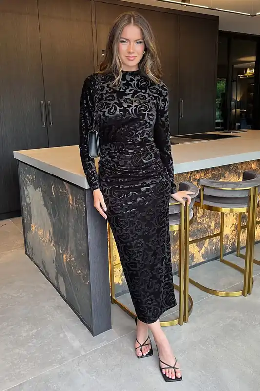 Black Jacquard Velvet Long Sleeve Gathered Side Midi Dress - AX Paris