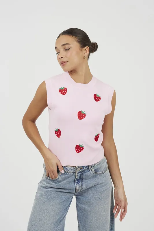 Crew Neck Knitted Tank With Strawberry Embroidery - Brave Soul