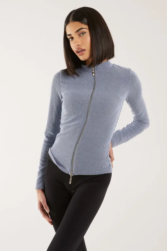 Two Tone Rib Double Zip Top - Pink Vanilla