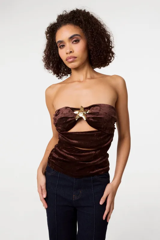 Brown Soft Shimmer Velvet Texture Bra Cup Top - Pink Vanilla