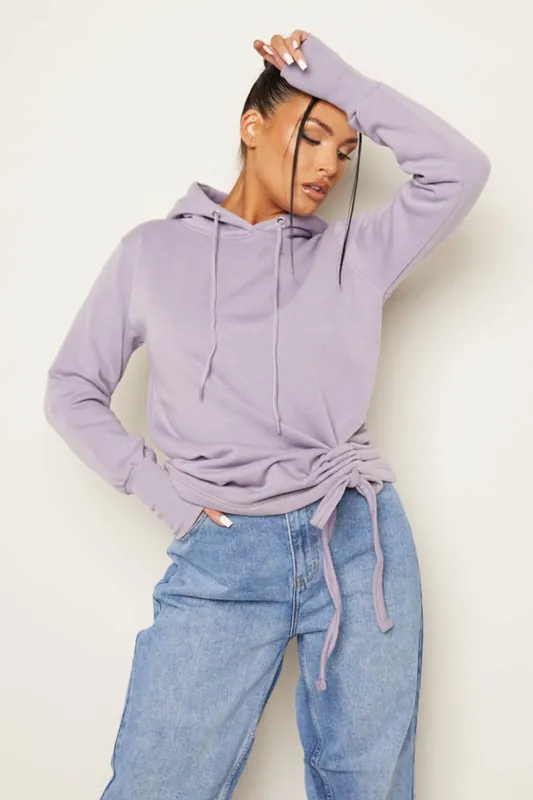 Mauve Fleece Oversized Long Sleeve Ruched Front Hoodie - Femme Luxe