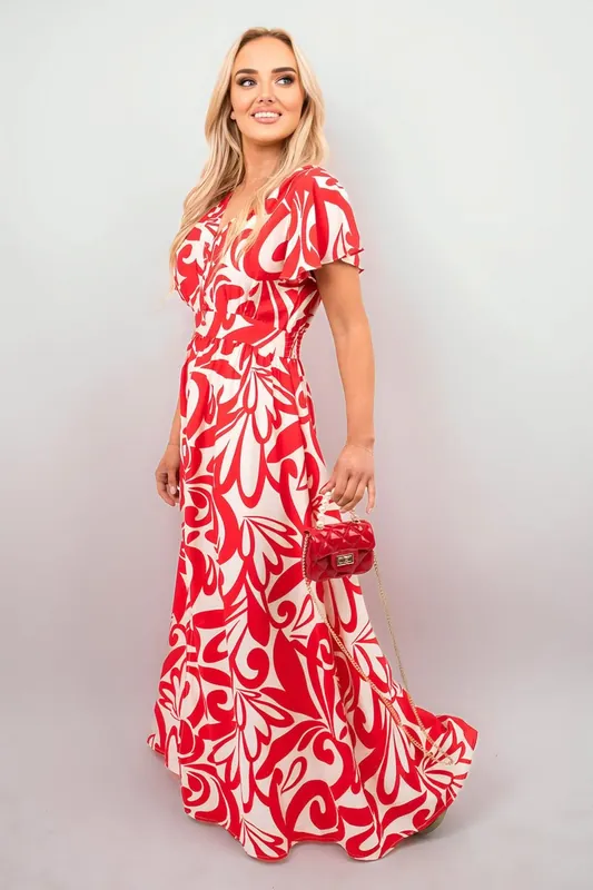Celia Printed Short Sleeve Button Down V-neck Maxi Dress
