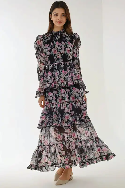 Crew Neck Floral Maxi Dress with Ruffles - Hiccup