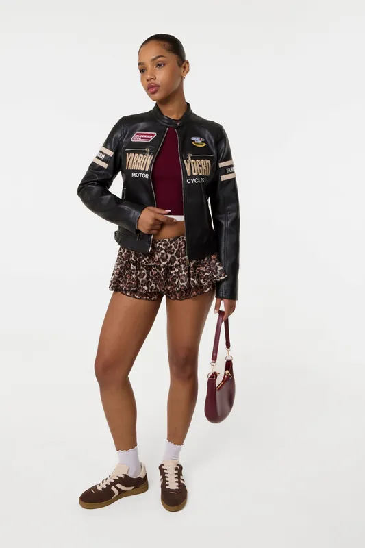 Brown Printed Lace Micro Ruffle Shorts - Pink Vanilla