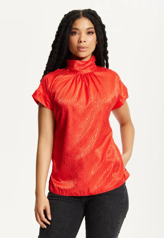 Red Satin Textured High Neck Top - Liquorish