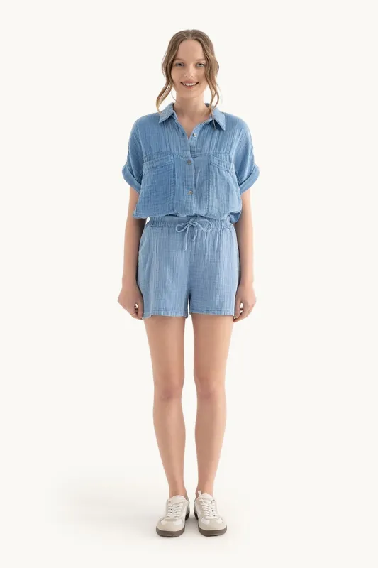 Muslin High Waist Elastic Waist Drawstring Shorts - Hiccup
