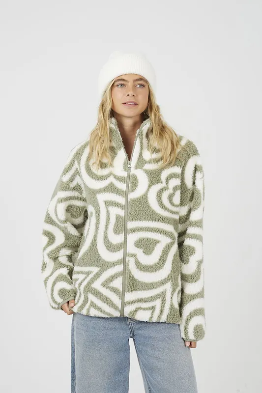 Graphic Heart Print Zip Through Sherpa Fleece - Brave Soul