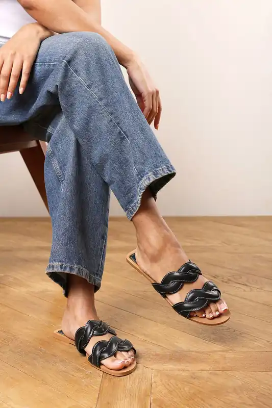 Alvona' Braided Design Dual Strap Flat Sliders - Where's That From