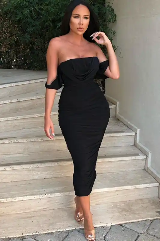 Bardot Cowl Neck Ruched Midi Dress - Femme Luxe