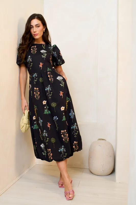 Navy Cotton Floral Print Puff Ball Midi Dress - Gini London