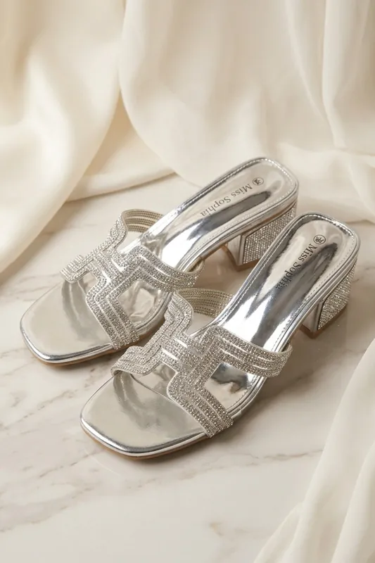 Silver Diamanté Cut-Out Block Heel Mule Sandals - Jara