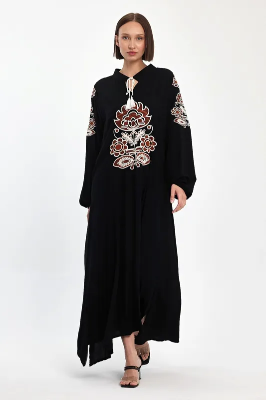 Embroidered Maxi Dress with Tie Neck Detail in Black - Belissh