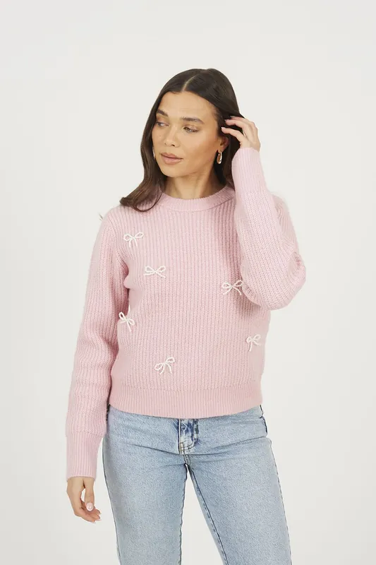 Crew Neck Jumper With Jewel Bow Detail - Brave Soul