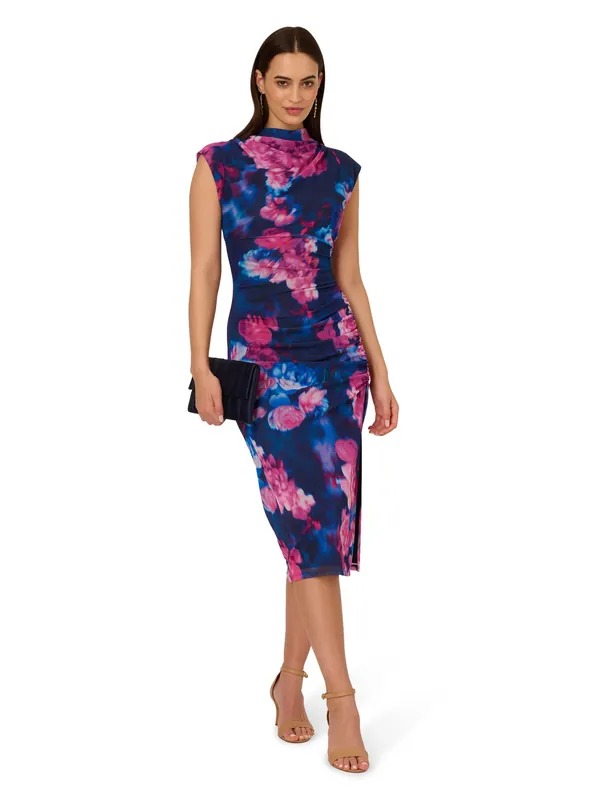 Print Mesh Draped Dress - Adrianna Papell