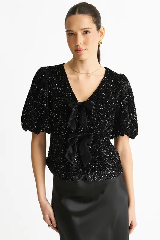 Black Velvet Sequin Bow Front Bubble Sleeve Top - Gini London