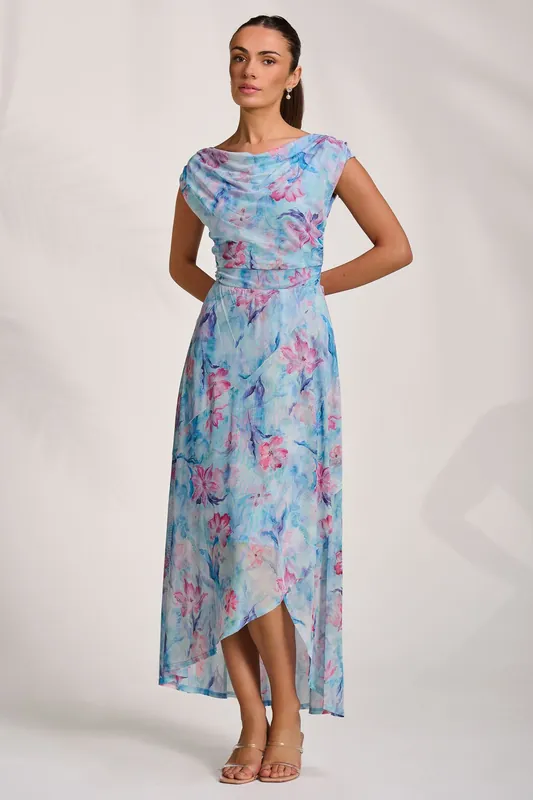Asymmetric Draped Mesh Maxi Dress - Jolie Moi
