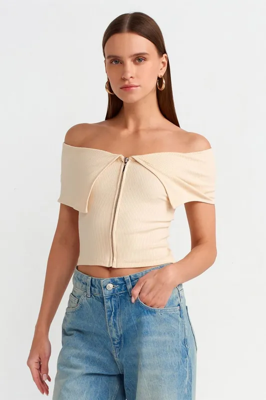 Women's Off-shoulder Crop T-shirt With Zipper