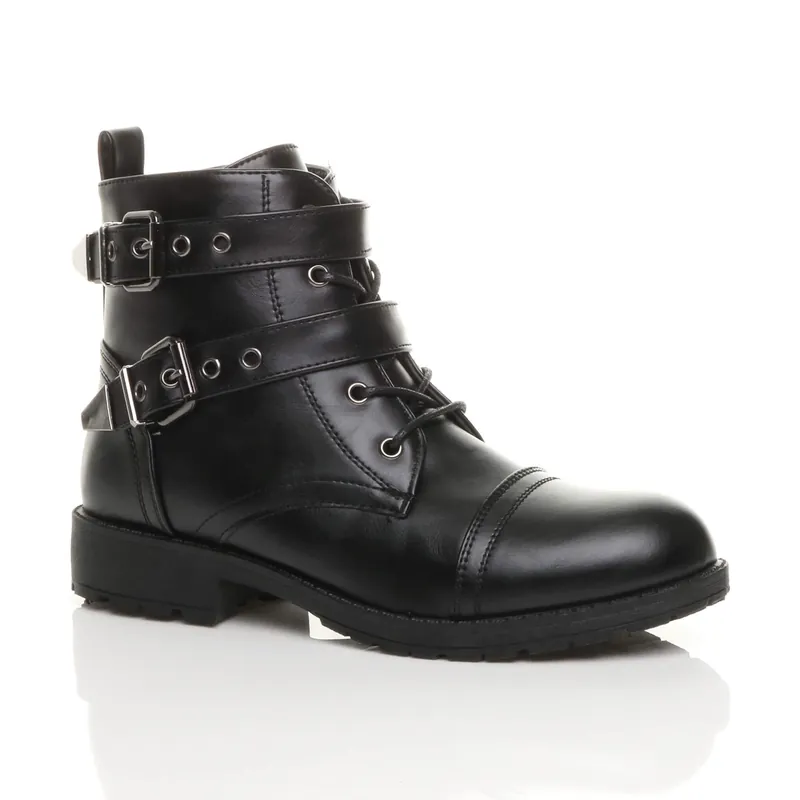 Low Heel Biker Faux Leather Ankle Boots - AJVANI