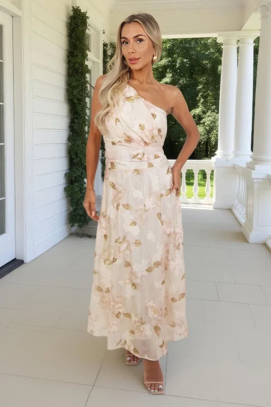 Blush Floral Embroidered Chiffon One Shoulder Midi Dress - AX Paris