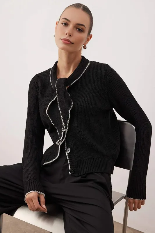 Elegant Polo Collar Woven Button-Front Cardigan