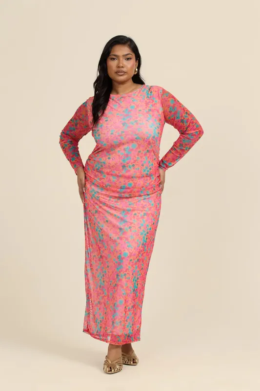 Curve Mesh Long Sleeve Midaxi Dress In Bright Coral Floral Print - FASHION-SZN