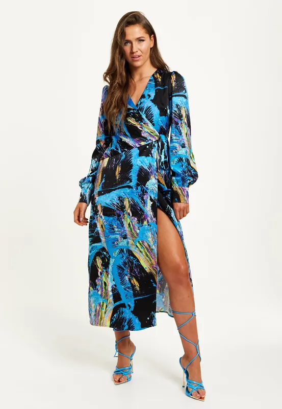 Multicolour Abstract Print Midi Wrap Dress With Long Sleeves - Liquorish
