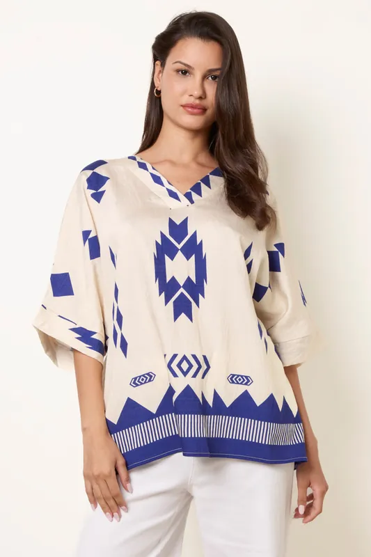 Beige Linen Geometric Print Top - Blue Vanilla