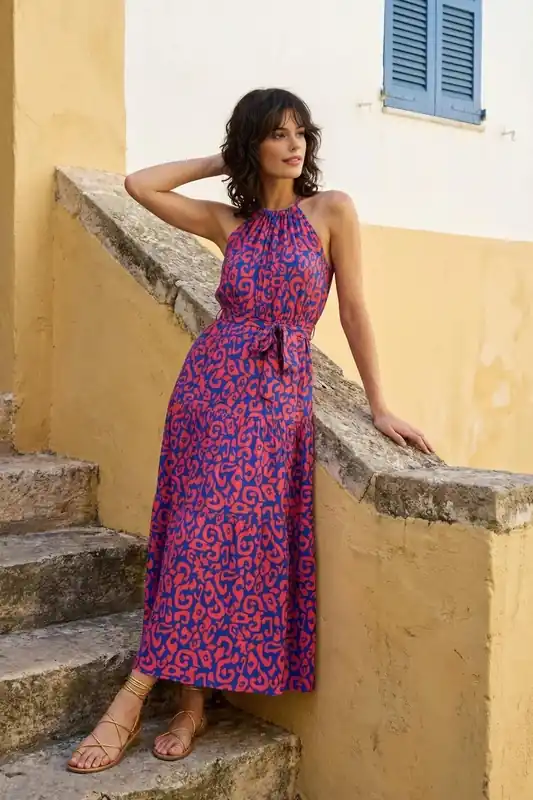 Abstract Halterneck Tie Waist Maxi Holiday Dress - WOVCOR