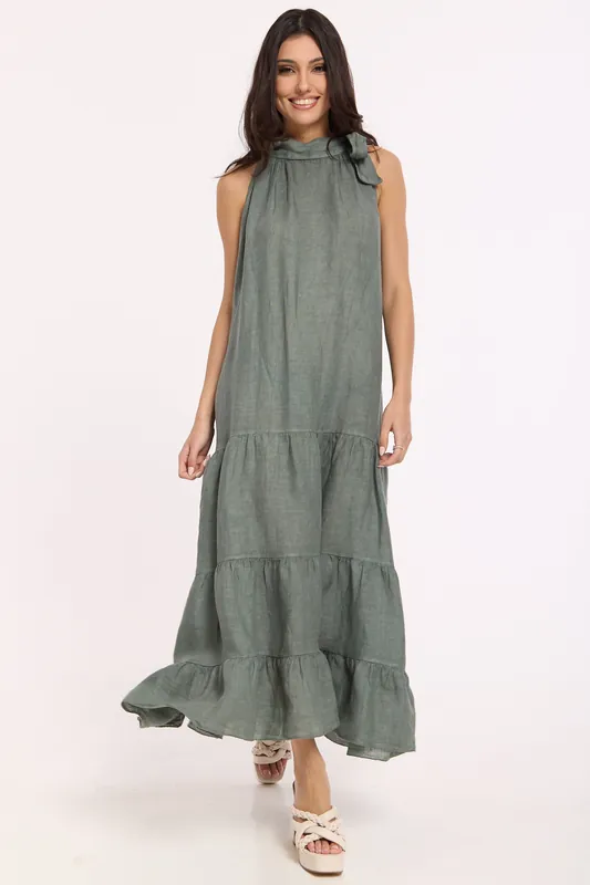 Sage Linen Tie Neck Tiered Maxi Dress - Liquorish