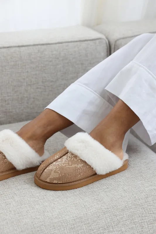Cassia' Snake Print Mule Slippers with Faux Fur Trim - Where's That From