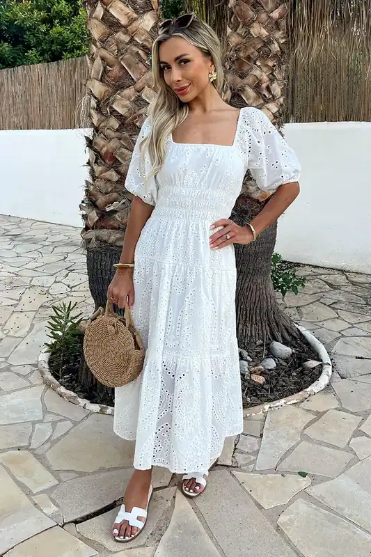 White Broderie Puff Sleeve Smock Midi Dress - AX Paris