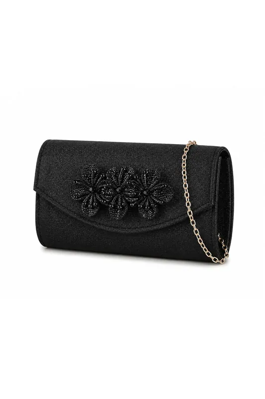 Floral Accent Clutch Evening Bag with Flap Closure and Chain Strap - Kitise