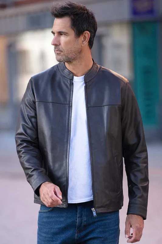Real Leather Jacket with Mandarin Collar and Straight Zip - Ashwood Leather