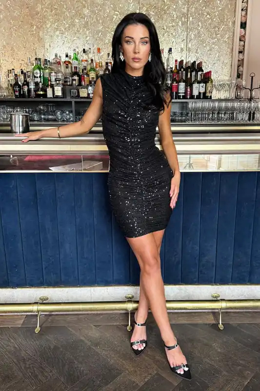 Black Sequin High Neck Ruched Bodycon Mini Dress - AX Paris