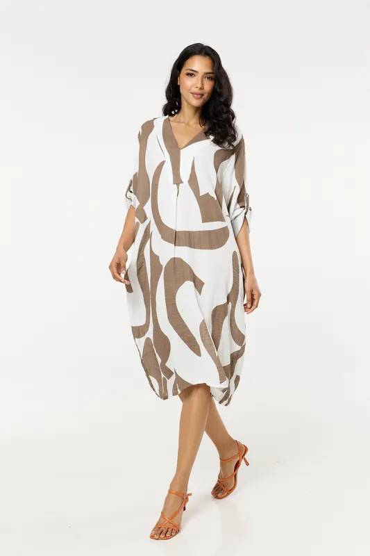 Neutral Abstract V Neck Midi Smock Dress - Liquorish
