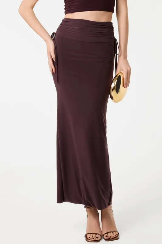 Brown Ruched Side Maxi Skirt - Pink Vanilla