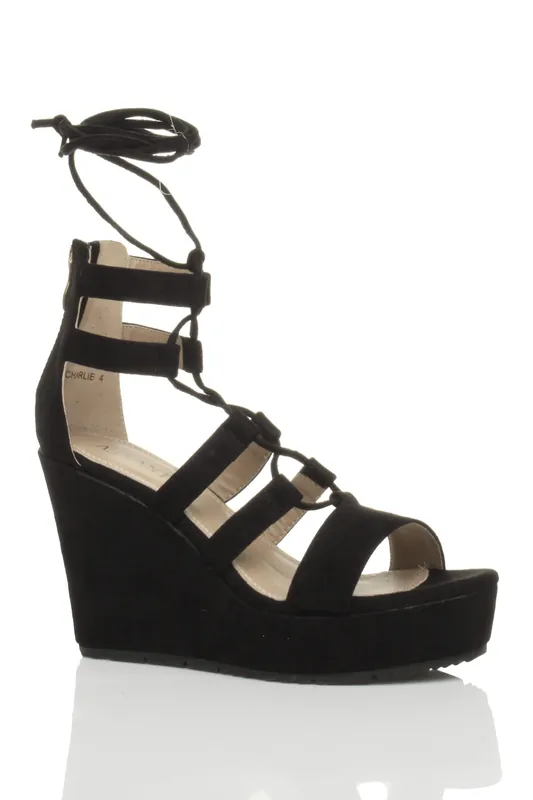 High Wedge Lace Up Ghillie Strappy Platform Sandals - AJVANI
