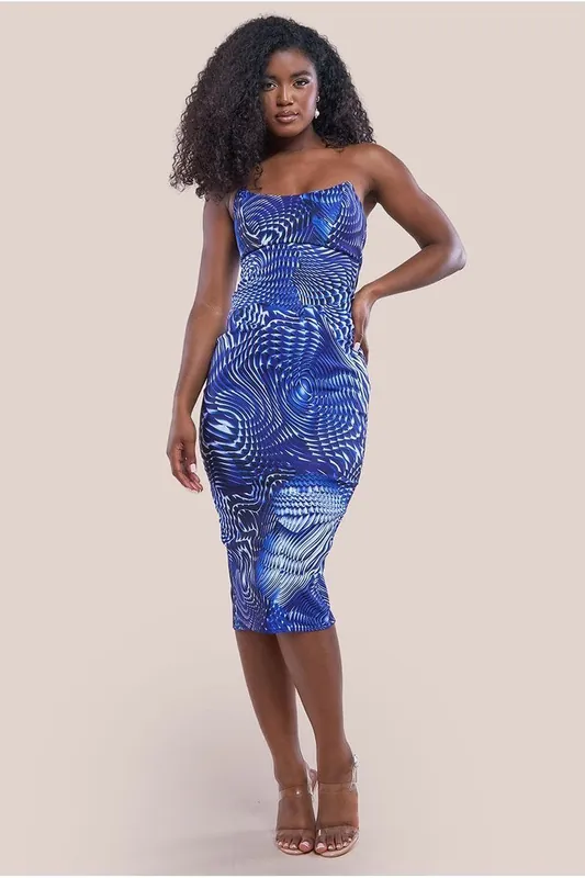 Abstract Bandeau Bodycon Midi Dress - Goddiva