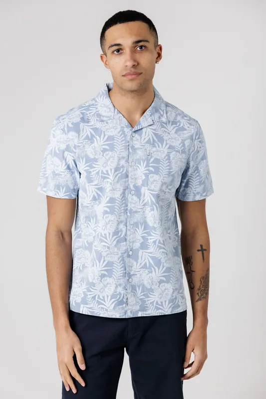 Cotton Short Sleeve Button-Up Tropical Print Shirt