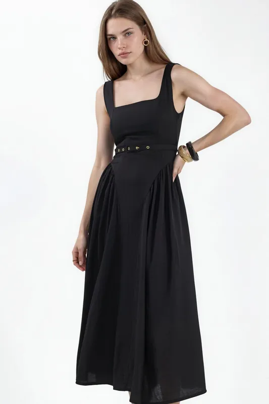 Square Collar Belted Midi Dress - Busem