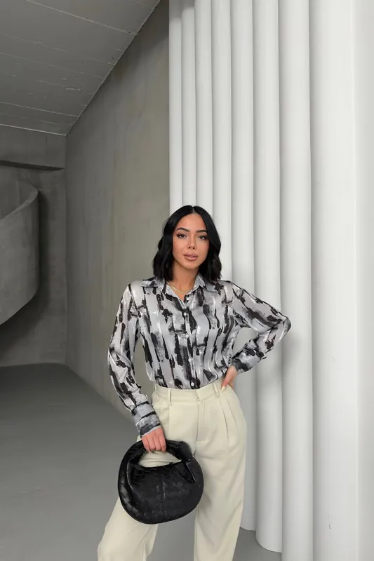 Abstract Print Long Sleeve Button-Up Shirt