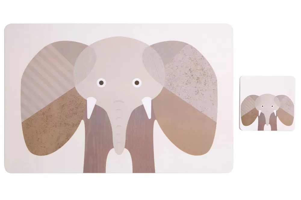 Set Of Two Elephant Placemats And Coasters, Safari-Themed Tableware For Kids, Heat Resistant Plastic Mats