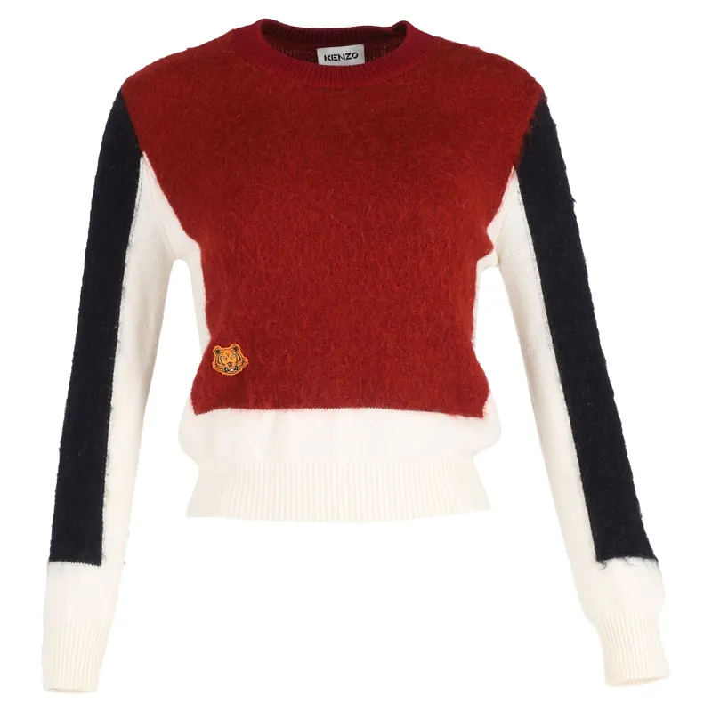 Preloved Tiger Patch Colour-Block Knit Sweater in Red Wool