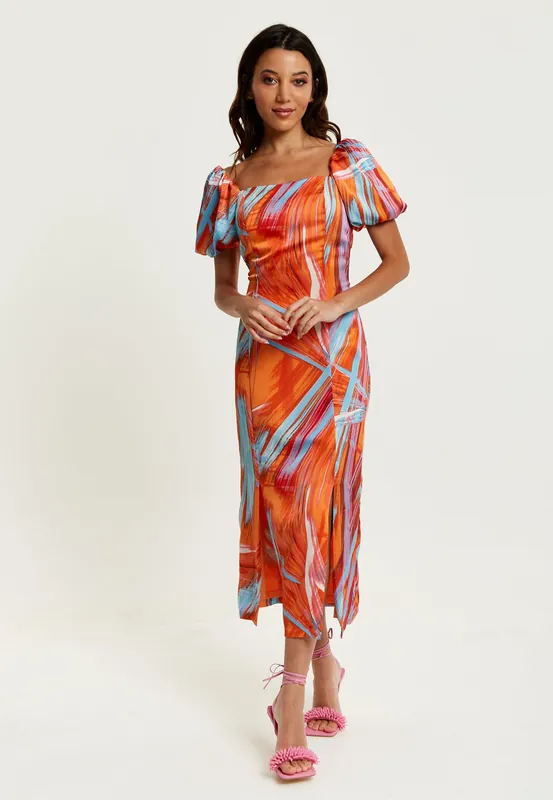Abstract Print Midi Dress With a Square neck and Low Back in Orange - Liquorish