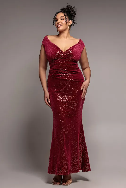Plus Sequin & Velvet Bardot Maxi Dress - Goddiva