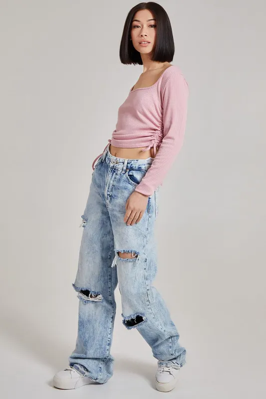 Ruched Square Neck Ribbed Top - Pink Vanilla