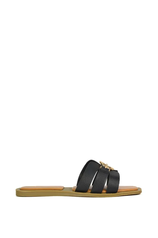 Melissa' Open Toe Flat Slip On Slide Sandals With Buckle Detail - XY London