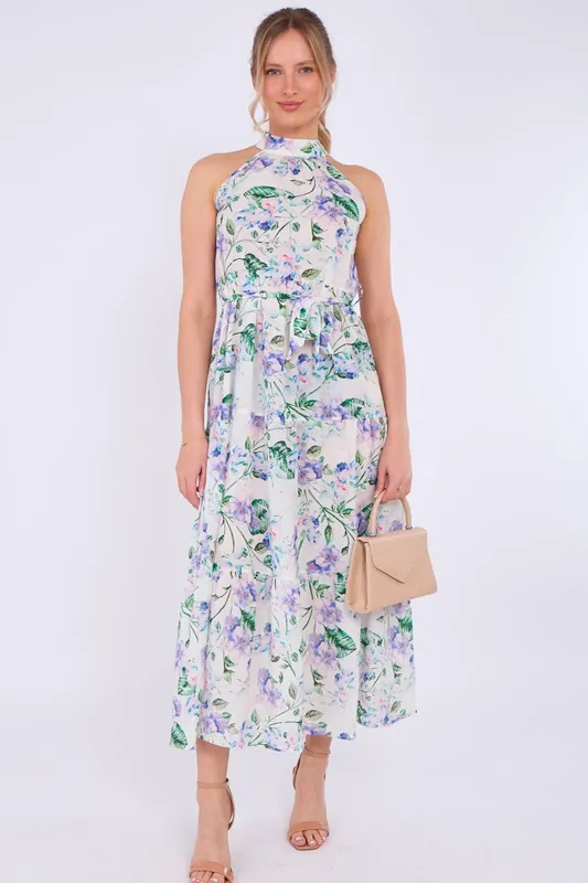 White Floral Print Halter Neck Maxi Dress - Love Sunshine