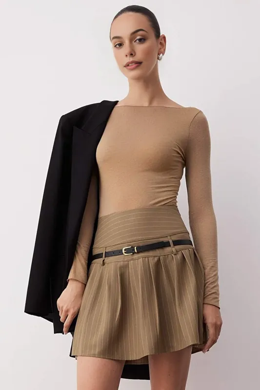 Striped High-Waisted Belted Pleated Mini Skirt